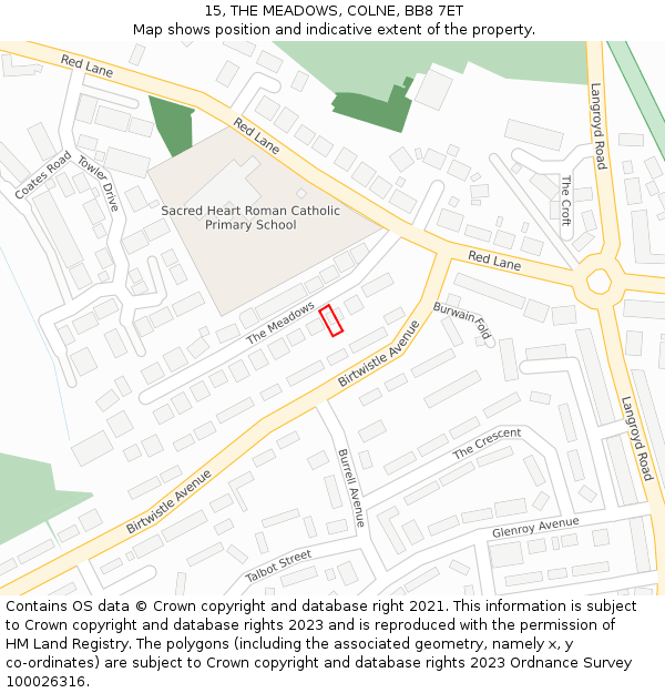 15, THE MEADOWS, COLNE, BB8 7ET: Location map and indicative extent of plot