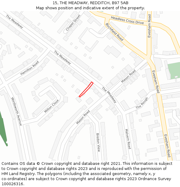 15, THE MEADWAY, REDDITCH, B97 5AB: Location map and indicative extent of plot