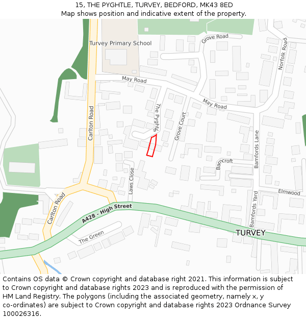 15, THE PYGHTLE, TURVEY, BEDFORD, MK43 8ED: Location map and indicative extent of plot