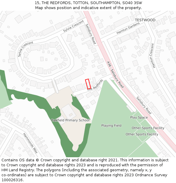 15, THE REDFORDS, TOTTON, SOUTHAMPTON, SO40 3SW: Location map and indicative extent of plot