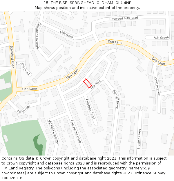 15, THE RISE, SPRINGHEAD, OLDHAM, OL4 4NP: Location map and indicative extent of plot