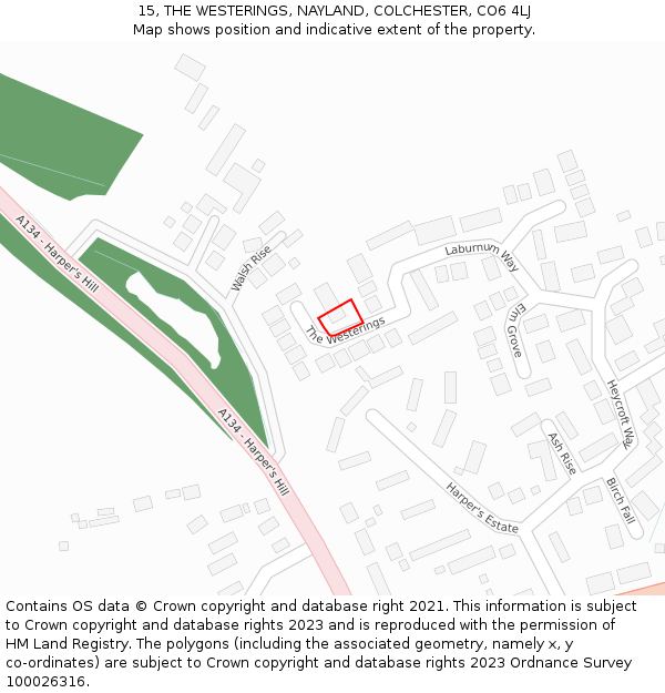 15, THE WESTERINGS, NAYLAND, COLCHESTER, CO6 4LJ: Location map and indicative extent of plot
