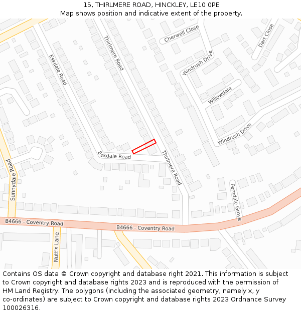 15, THIRLMERE ROAD, HINCKLEY, LE10 0PE: Location map and indicative extent of plot