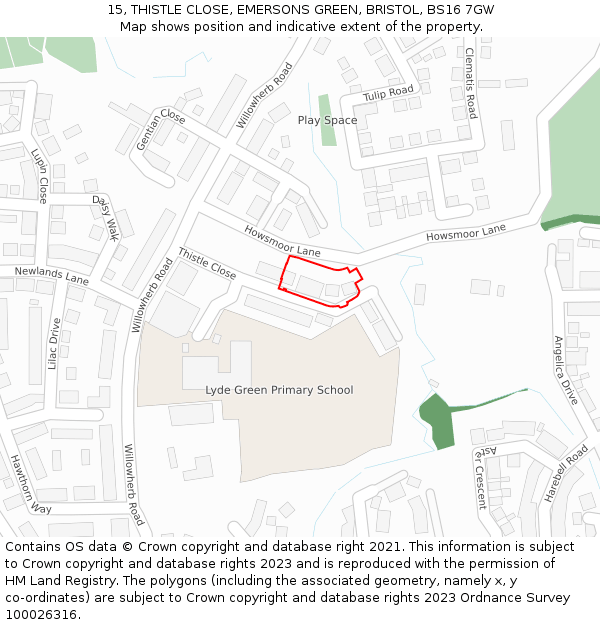 15, THISTLE CLOSE, EMERSONS GREEN, BRISTOL, BS16 7GW: Location map and indicative extent of plot