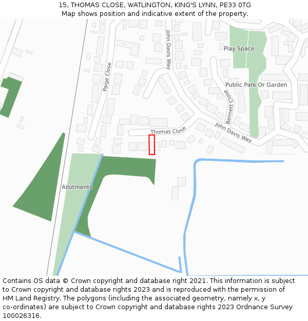 15, THOMAS CLOSE, WATLINGTON, KING'S LYNN, PE33 0TG: Location map and indicative extent of plot