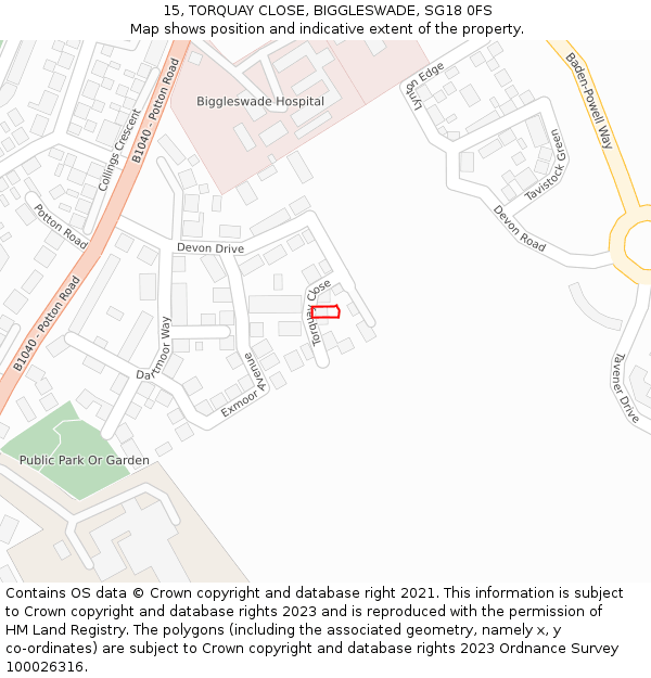 15, TORQUAY CLOSE, BIGGLESWADE, SG18 0FS: Location map and indicative extent of plot