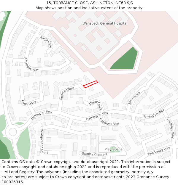 15, TORRANCE CLOSE, ASHINGTON, NE63 9JS: Location map and indicative extent of plot