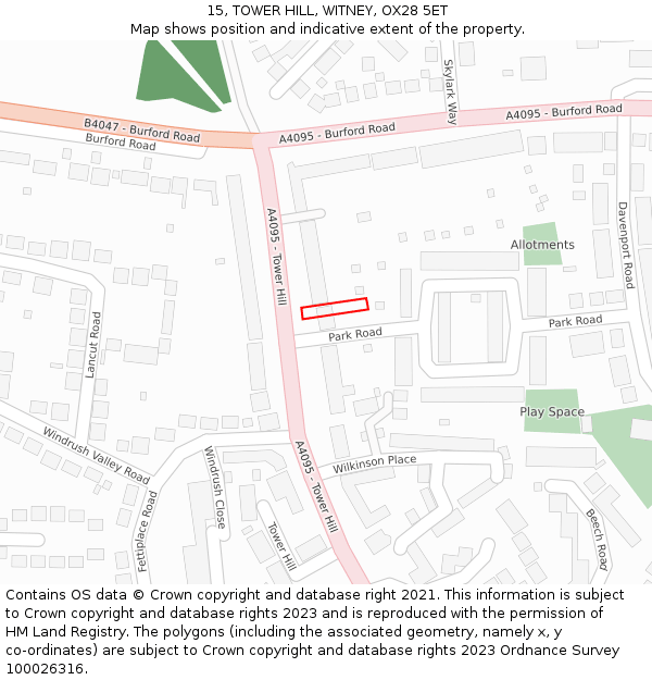 15, TOWER HILL, WITNEY, OX28 5ET: Location map and indicative extent of plot