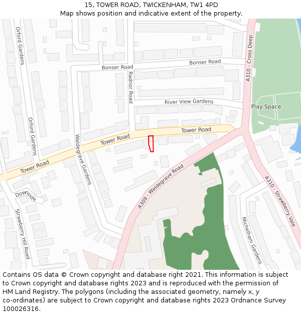 15, TOWER ROAD, TWICKENHAM, TW1 4PD: Location map and indicative extent of plot