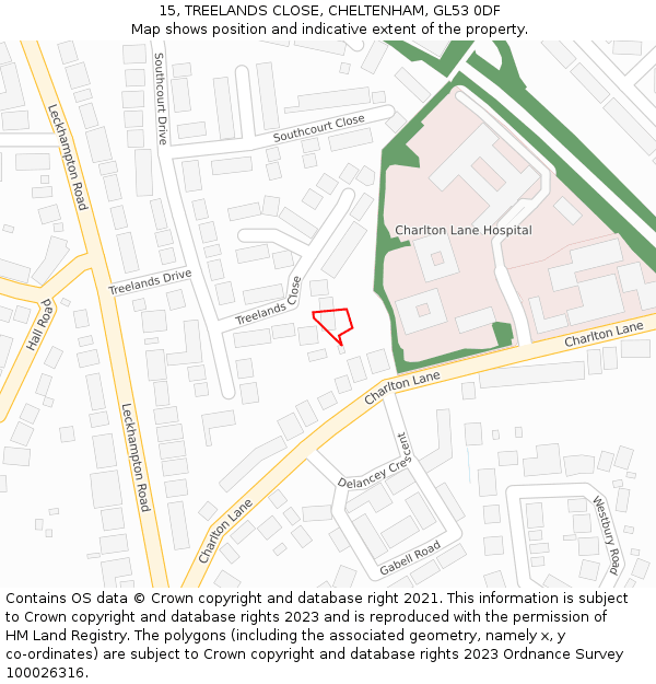 15, TREELANDS CLOSE, CHELTENHAM, GL53 0DF: Location map and indicative extent of plot