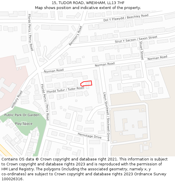 15, TUDOR ROAD, WREXHAM, LL13 7HF: Location map and indicative extent of plot