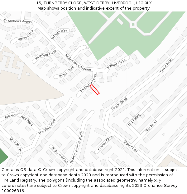 15, TURNBERRY CLOSE, WEST DERBY, LIVERPOOL, L12 9LX: Location map and indicative extent of plot