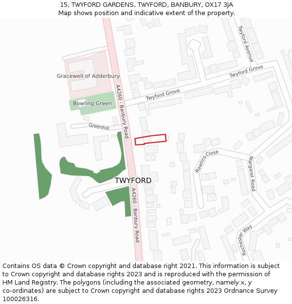 15, TWYFORD GARDENS, TWYFORD, BANBURY, OX17 3JA: Location map and indicative extent of plot