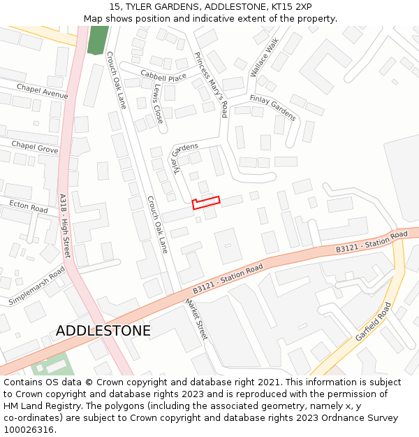 15, TYLER GARDENS, ADDLESTONE, KT15 2XP: Location map and indicative extent of plot