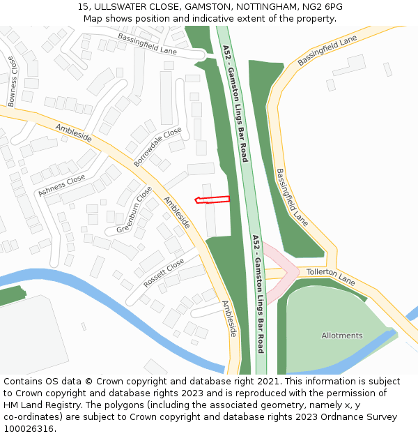 15, ULLSWATER CLOSE, GAMSTON, NOTTINGHAM, NG2 6PG: Location map and indicative extent of plot