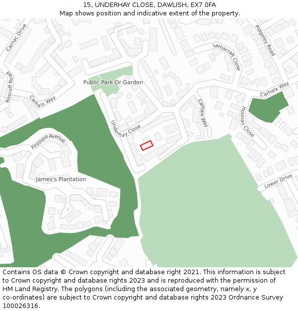 15, UNDERHAY CLOSE, DAWLISH, EX7 0FA: Location map and indicative extent of plot