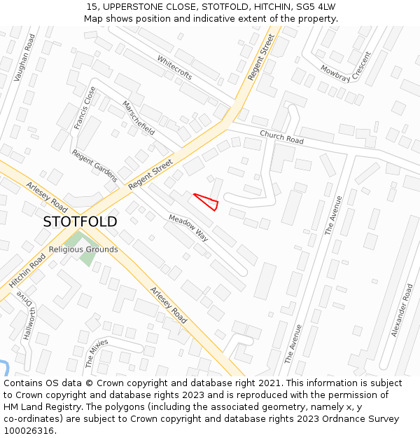 15, UPPERSTONE CLOSE, STOTFOLD, HITCHIN, SG5 4LW: Location map and indicative extent of plot