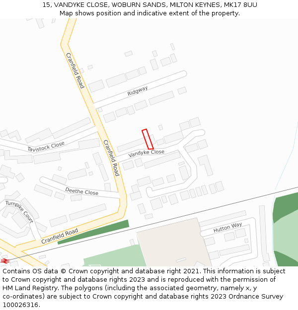 15, VANDYKE CLOSE, WOBURN SANDS, MILTON KEYNES, MK17 8UU: Location map and indicative extent of plot