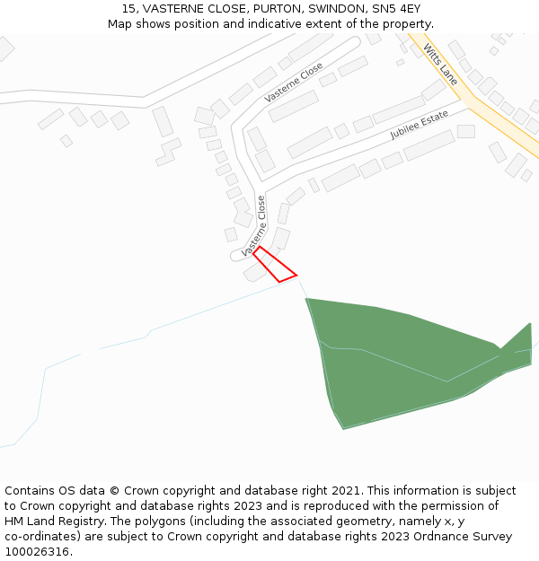 15, VASTERNE CLOSE, PURTON, SWINDON, SN5 4EY: Location map and indicative extent of plot