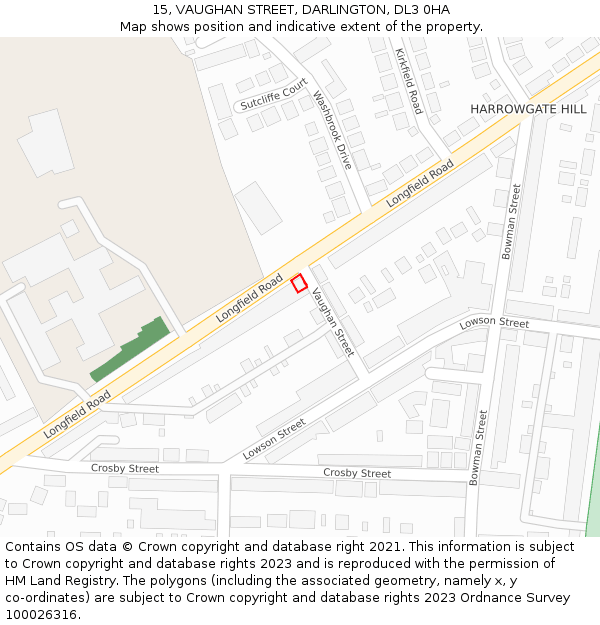 15, VAUGHAN STREET, DARLINGTON, DL3 0HA: Location map and indicative extent of plot