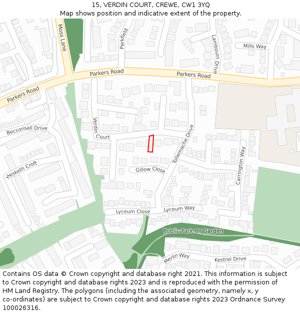 15, VERDIN COURT, CREWE, CW1 3YQ: Location map and indicative extent of plot