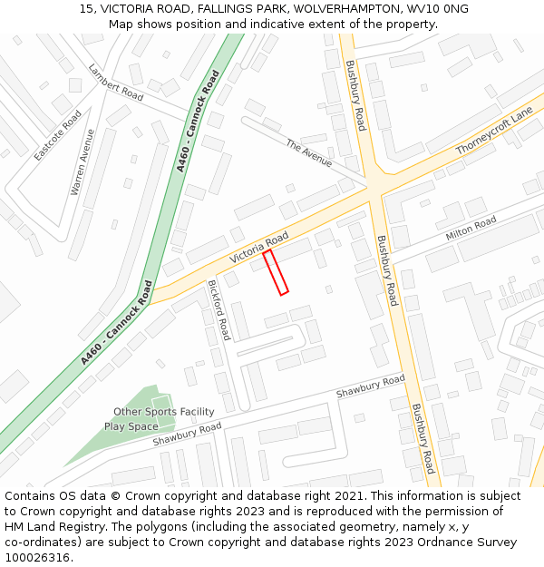 15, VICTORIA ROAD, FALLINGS PARK, WOLVERHAMPTON, WV10 0NG: Location map and indicative extent of plot