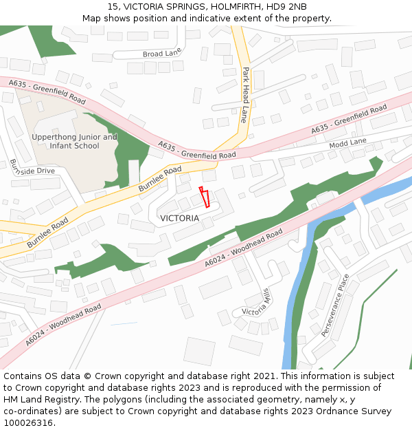 15, VICTORIA SPRINGS, HOLMFIRTH, HD9 2NB: Location map and indicative extent of plot