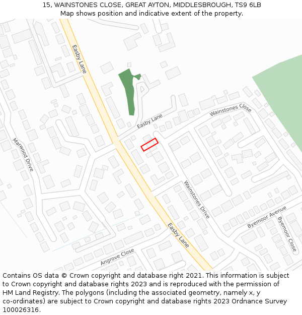 15, WAINSTONES CLOSE, GREAT AYTON, MIDDLESBROUGH, TS9 6LB: Location map and indicative extent of plot