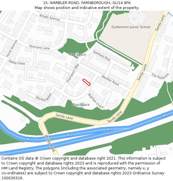 15, WARBLER ROAD, FARNBOROUGH, GU14 9FA: Location map and indicative extent of plot