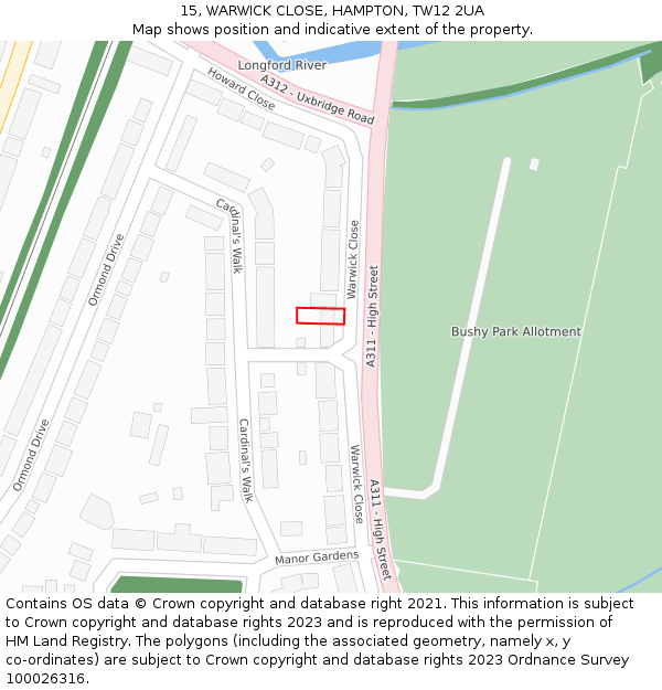 15, WARWICK CLOSE, HAMPTON, TW12 2UA: Location map and indicative extent of plot