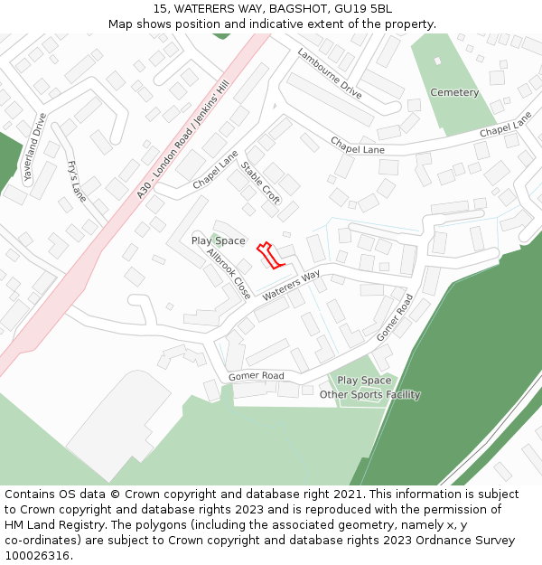 15, WATERERS WAY, BAGSHOT, GU19 5BL: Location map and indicative extent of plot