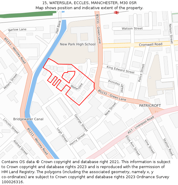 15, WATERSLEA, ECCLES, MANCHESTER, M30 0SR: Location map and indicative extent of plot