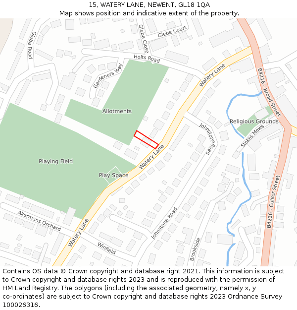 15, WATERY LANE, NEWENT, GL18 1QA: Location map and indicative extent of plot