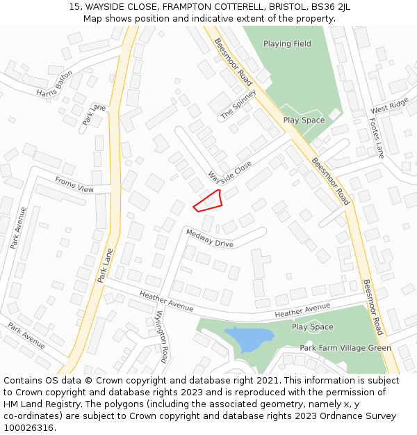 15, WAYSIDE CLOSE, FRAMPTON COTTERELL, BRISTOL, BS36 2JL: Location map and indicative extent of plot