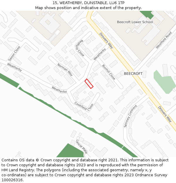 15, WEATHERBY, DUNSTABLE, LU6 1TP: Location map and indicative extent of plot