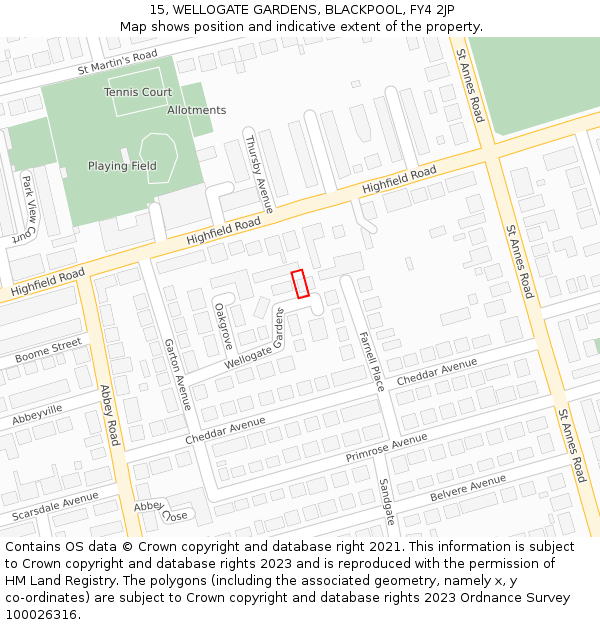 15, WELLOGATE GARDENS, BLACKPOOL, FY4 2JP: Location map and indicative extent of plot