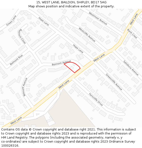 15, WEST LANE, BAILDON, SHIPLEY, BD17 5AG: Location map and indicative extent of plot