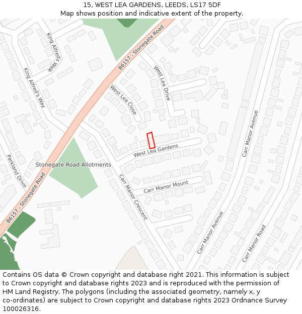 15, WEST LEA GARDENS, LEEDS, LS17 5DF: Location map and indicative extent of plot