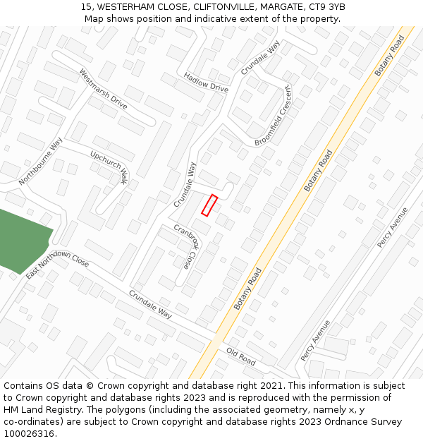 15, WESTERHAM CLOSE, CLIFTONVILLE, MARGATE, CT9 3YB: Location map and indicative extent of plot