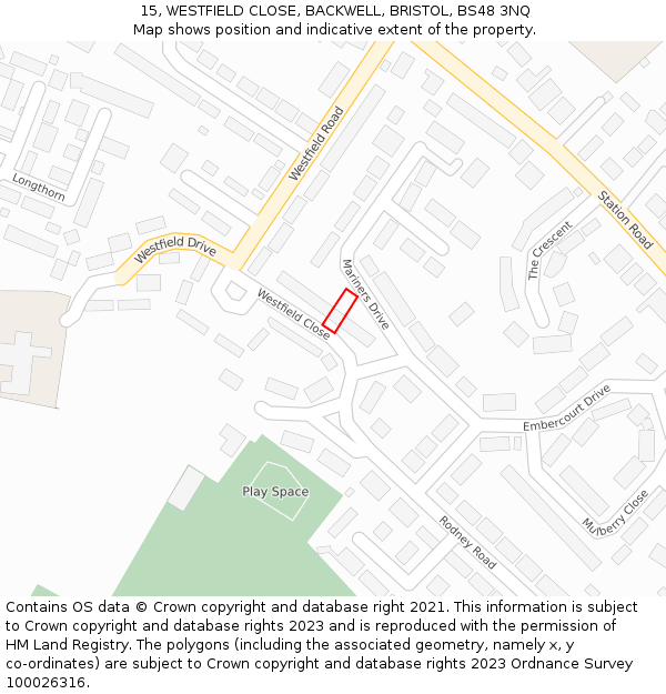 15, WESTFIELD CLOSE, BACKWELL, BRISTOL, BS48 3NQ: Location map and indicative extent of plot