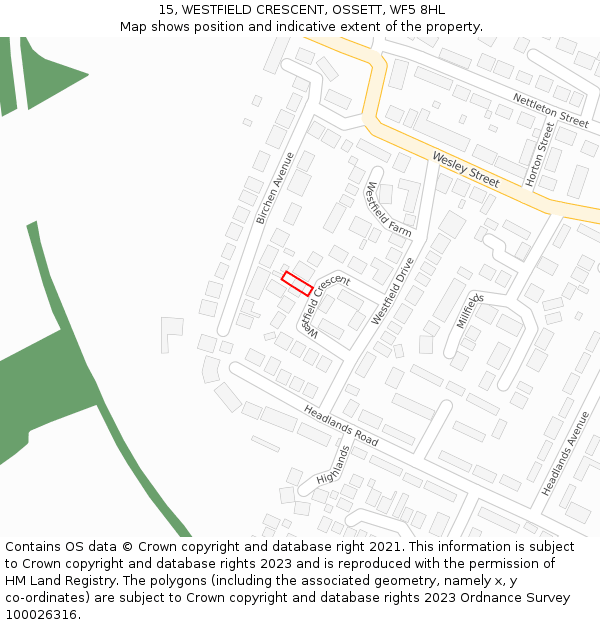 15, WESTFIELD CRESCENT, OSSETT, WF5 8HL: Location map and indicative extent of plot