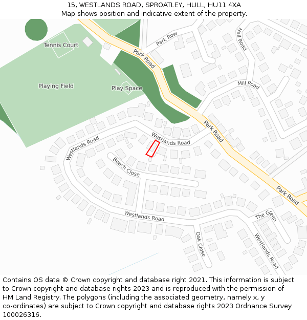 15, WESTLANDS ROAD, SPROATLEY, HULL, HU11 4XA: Location map and indicative extent of plot