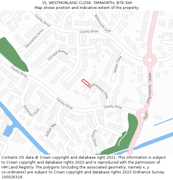 15, WESTMORLAND CLOSE, TAMWORTH, B78 3XA: Location map and indicative extent of plot