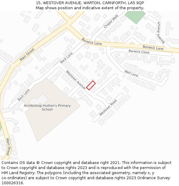 15, WESTOVER AVENUE, WARTON, CARNFORTH, LA5 9QP: Location map and indicative extent of plot