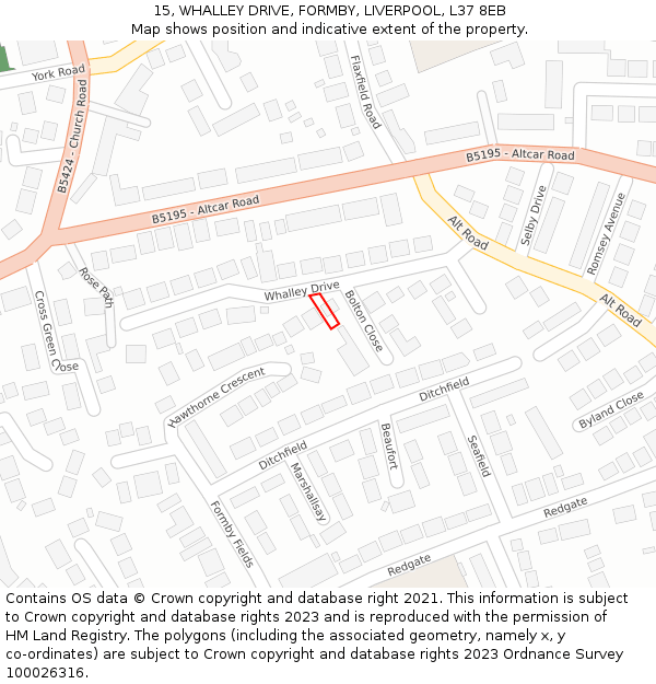 15, WHALLEY DRIVE, FORMBY, LIVERPOOL, L37 8EB: Location map and indicative extent of plot