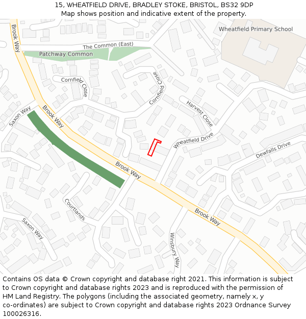 15, WHEATFIELD DRIVE, BRADLEY STOKE, BRISTOL, BS32 9DP: Location map and indicative extent of plot