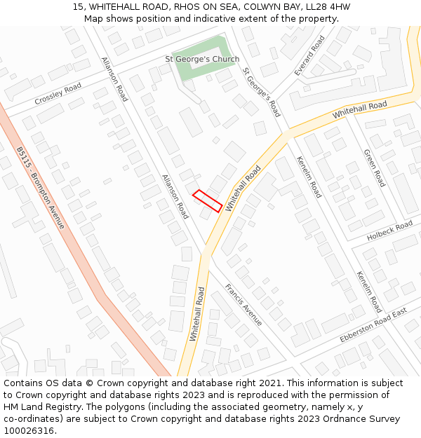 15, WHITEHALL ROAD, RHOS ON SEA, COLWYN BAY, LL28 4HW: Location map and indicative extent of plot