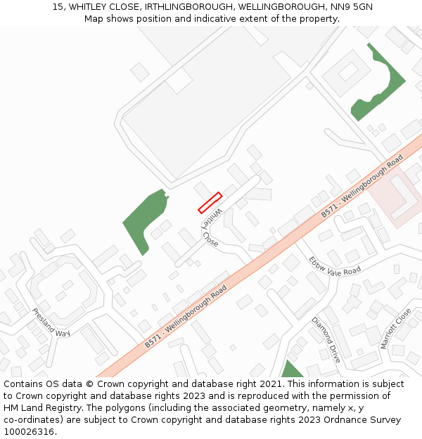 15, WHITLEY CLOSE, IRTHLINGBOROUGH, WELLINGBOROUGH, NN9 5GN: Location map and indicative extent of plot