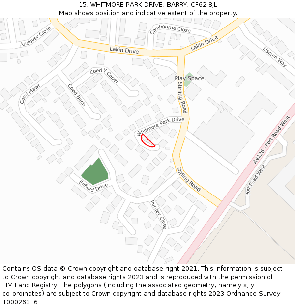 15, WHITMORE PARK DRIVE, BARRY, CF62 8JL: Location map and indicative extent of plot