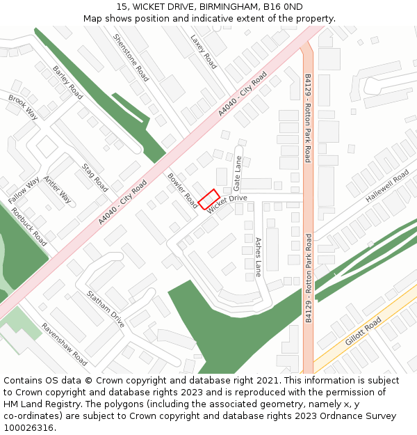 15, WICKET DRIVE, BIRMINGHAM, B16 0ND: Location map and indicative extent of plot